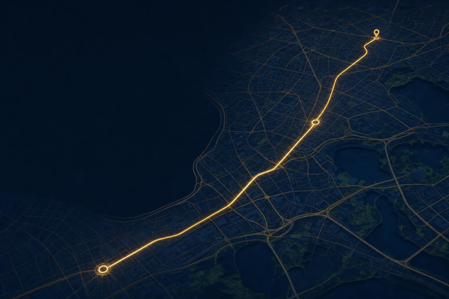 A single illuminated route crossing a dark city map