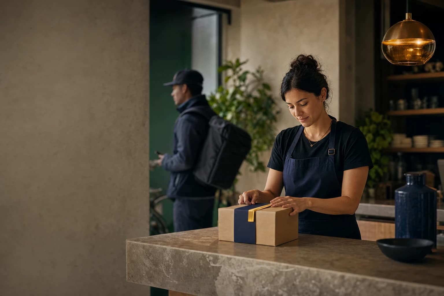 Merchant preparing a parcel while a courier waits nearby
