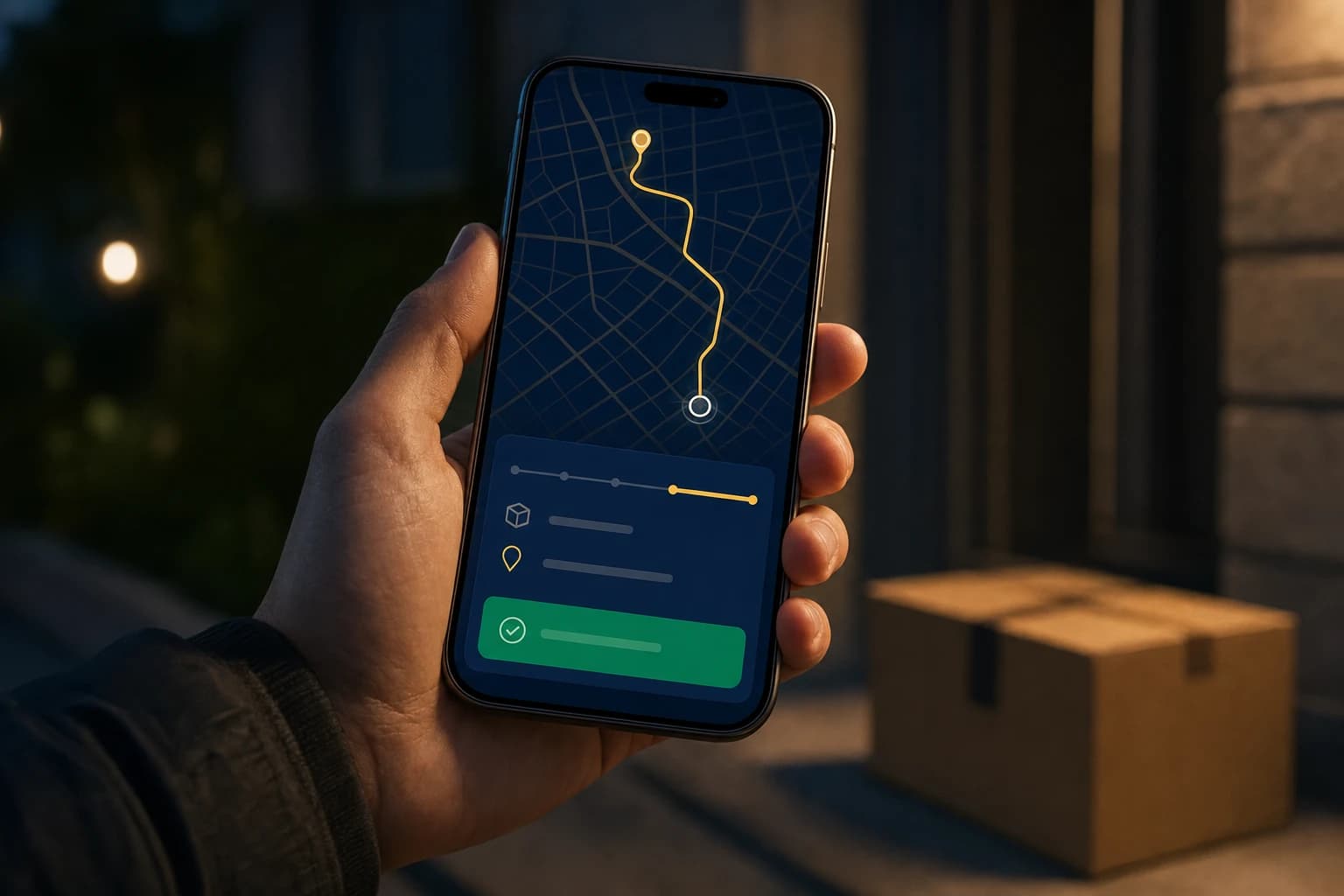 A hand holding a phone with a route and delivery status interface